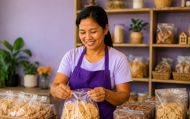 Person packaging cookies at a table