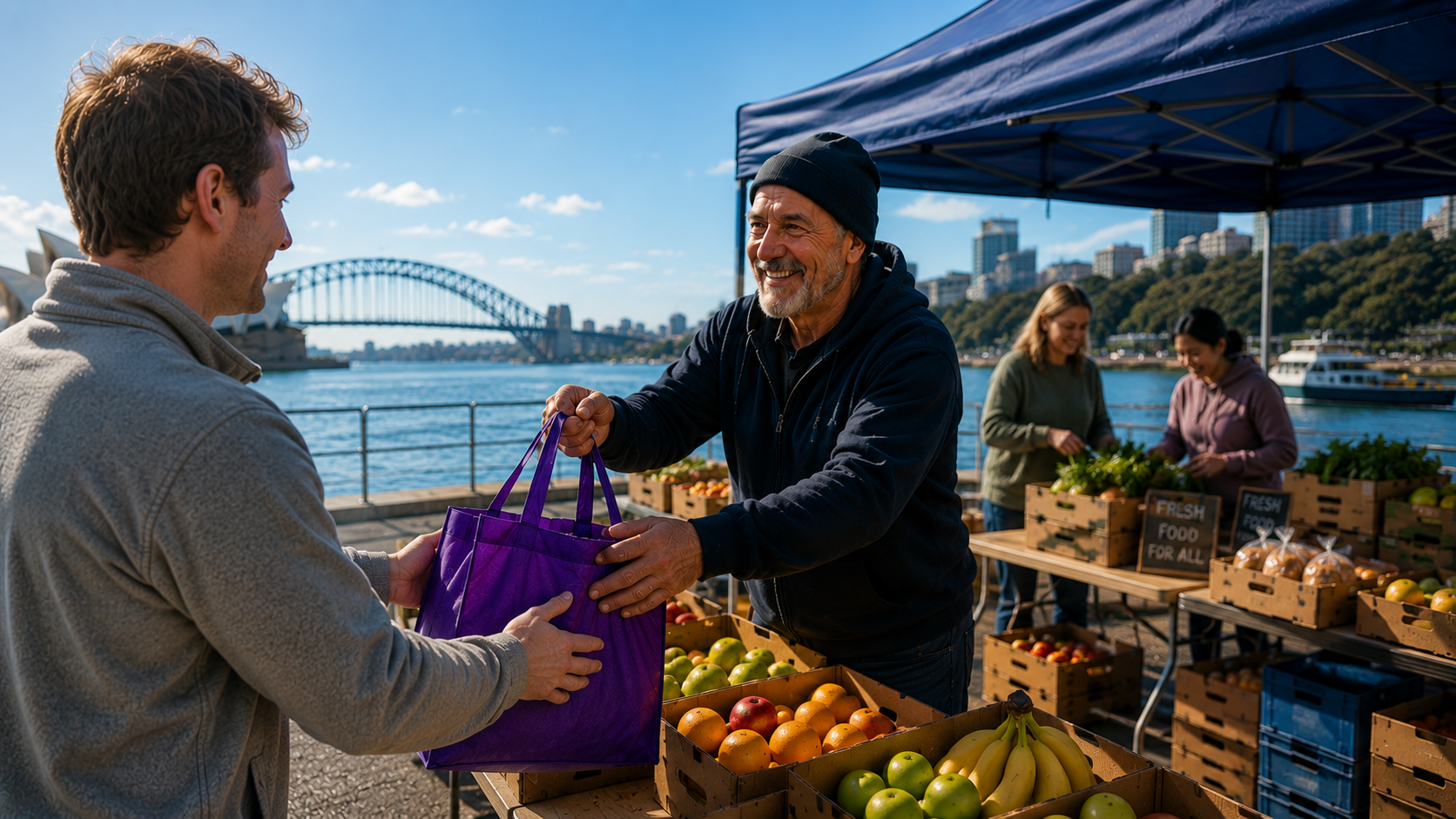 Two people exchanging a bag at an outdoor market
